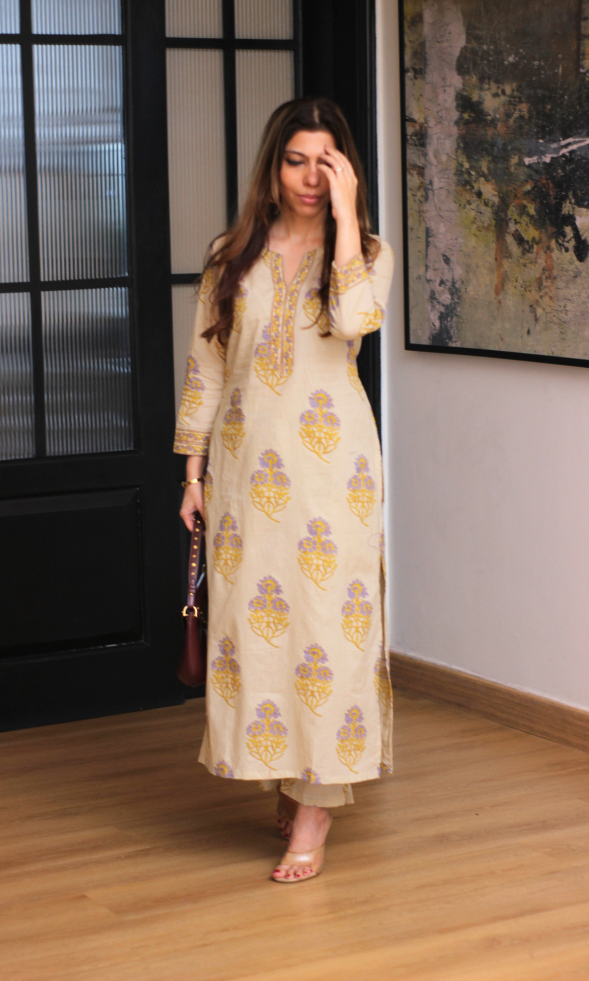 Beige & Lavender Mughal Print Kurta & Pant
