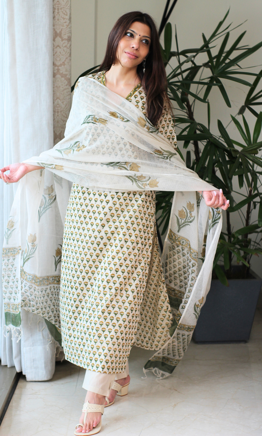 Saira Inaya Handblock Print Kurta, Kota Dupatta & Cotton Pants