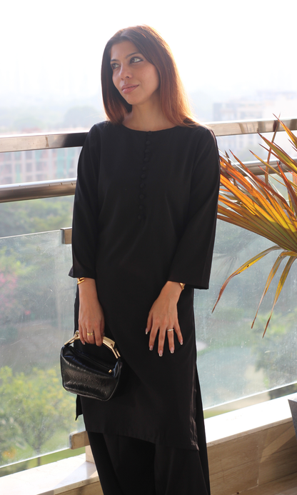Black Glossy Boat Neck Buttoned Kurta with Farshi Salwaar