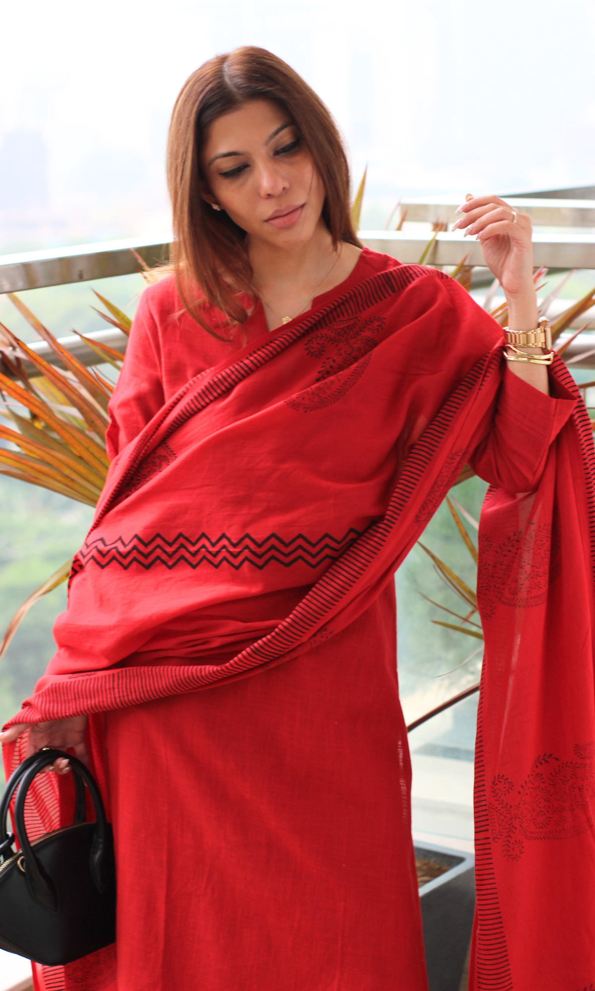 Cotton Slub Rose Red Suit with Mul Line Wave Dupatta
