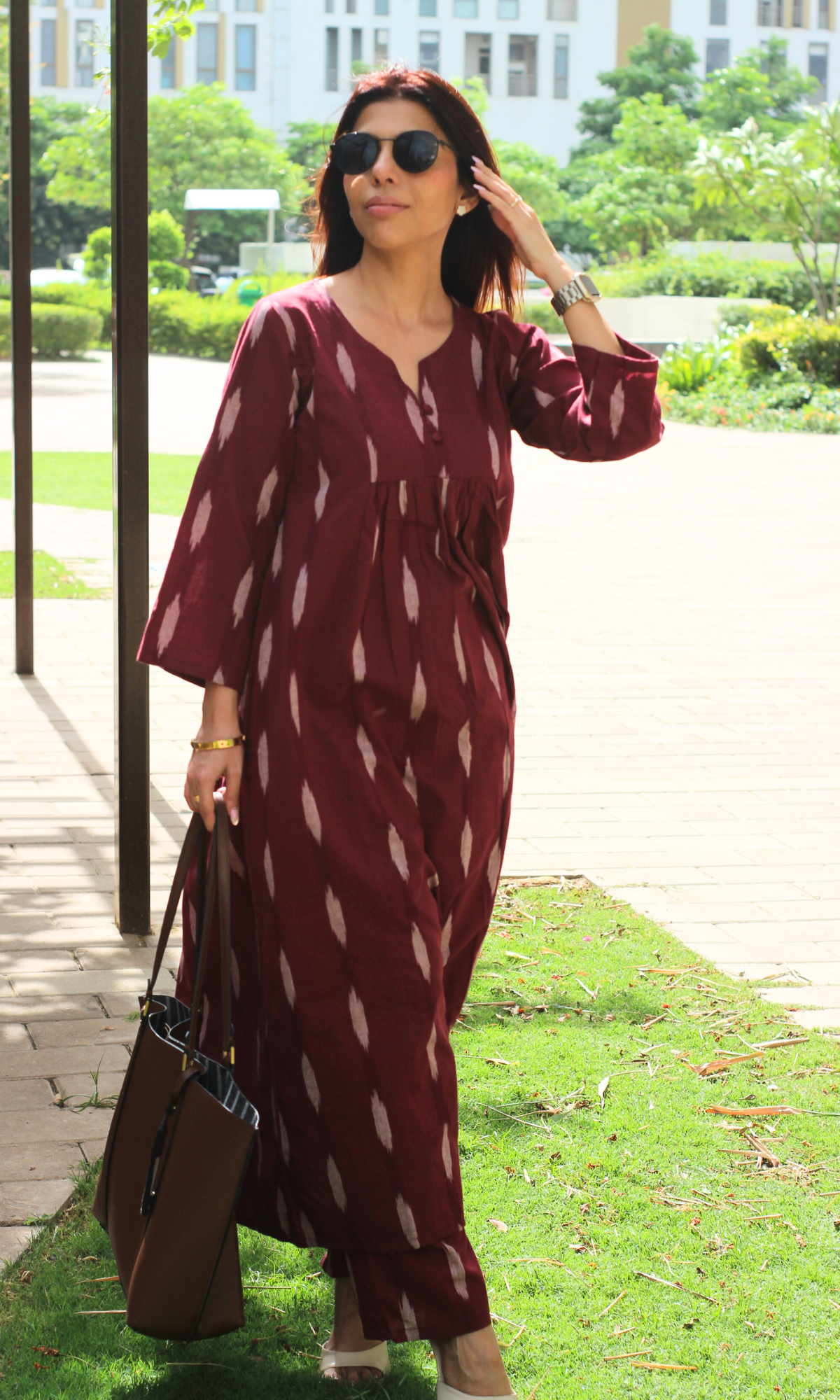 Cotton Wine Ikkat Pleated Co-ord