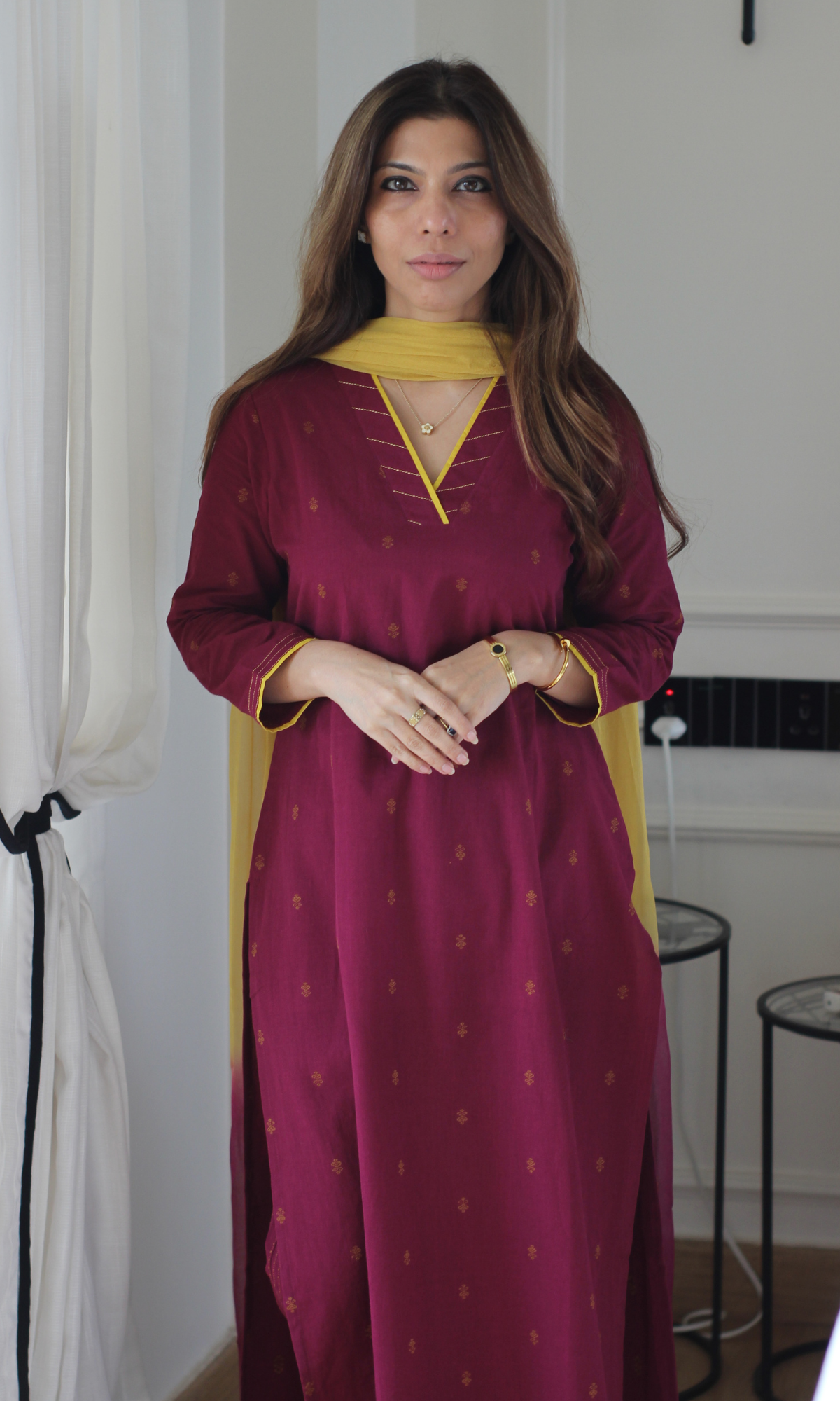 Plum Handloom Cotton Dobby Kurta, Pant & Chiffon Ombre Dupatta