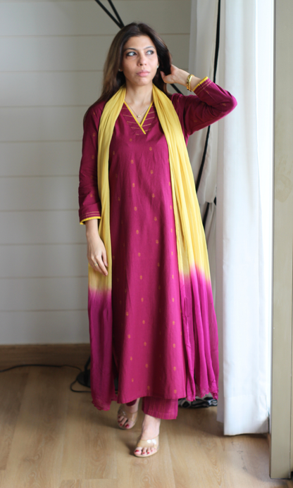 Plum Handloom Cotton Dobby Kurta, Pant & Chiffon Ombre Dupatta