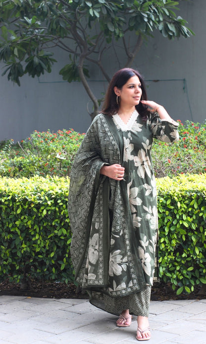 Cotton Bottle Green Floral A Line Suit with Lace Detailing & Palazzo with Dupatta