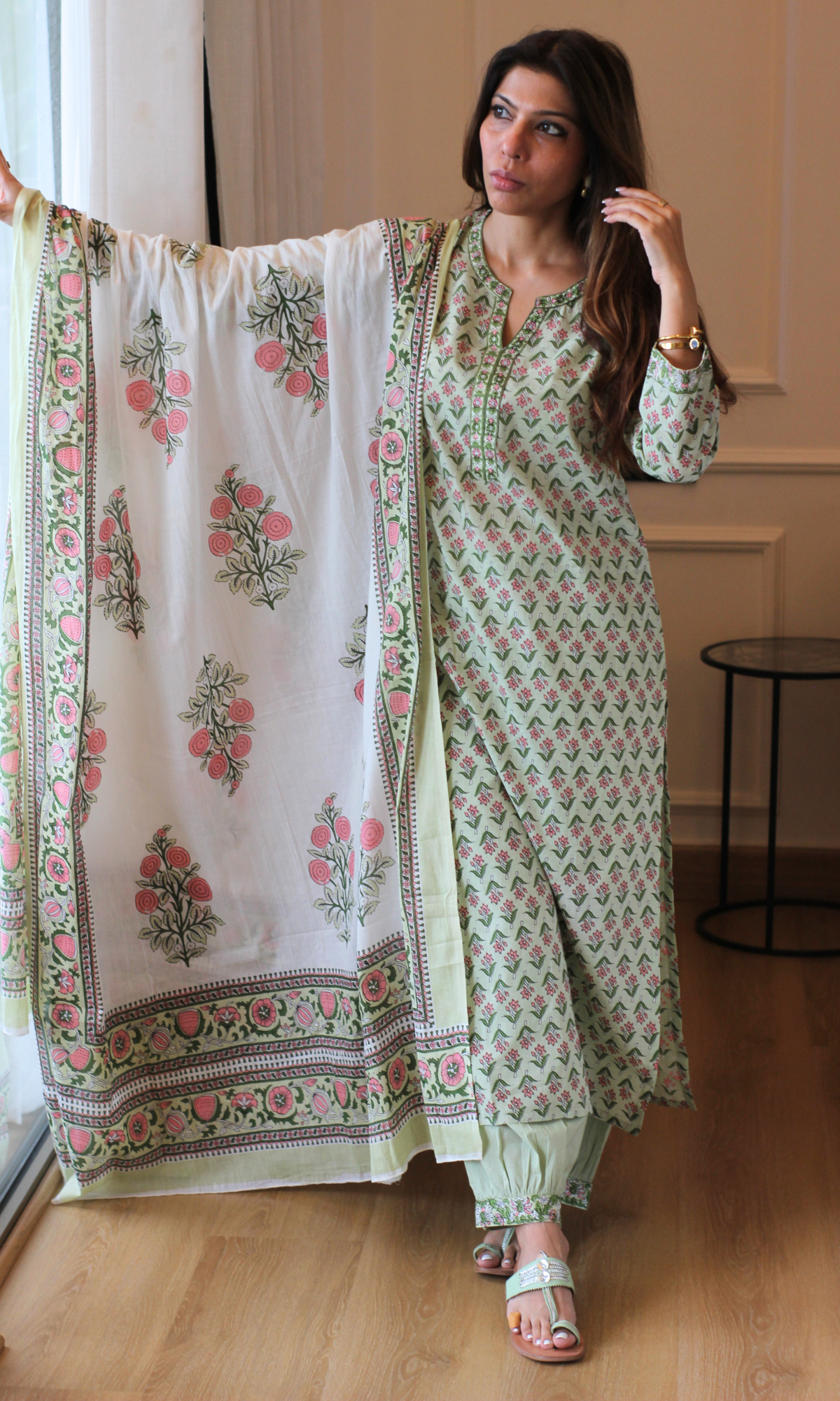 Sage Garden Block Print Kurta, Dupatta & Cotton Afgani Pants