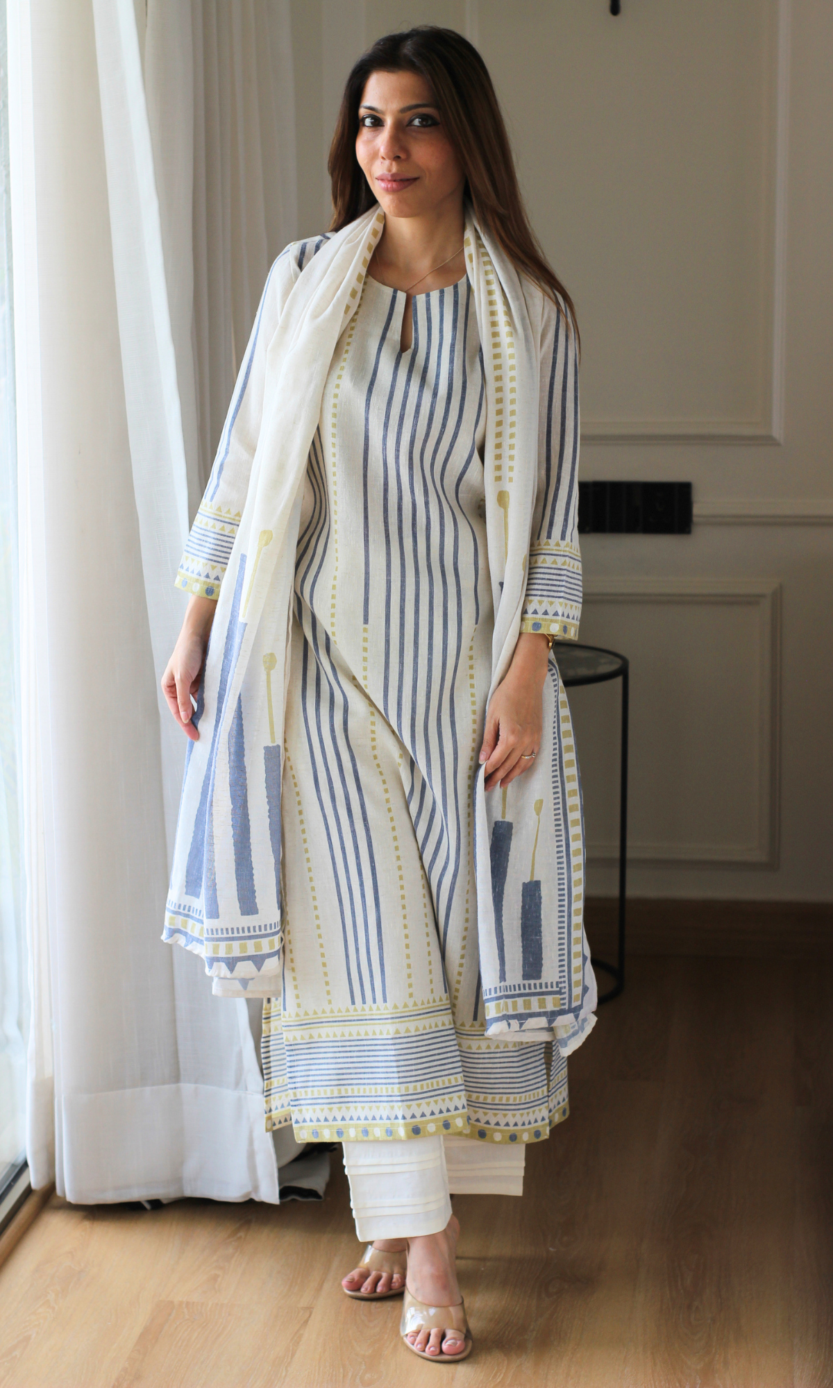 Morning Tide Linen Blend Kurta, Dupatta & Cotton Pants