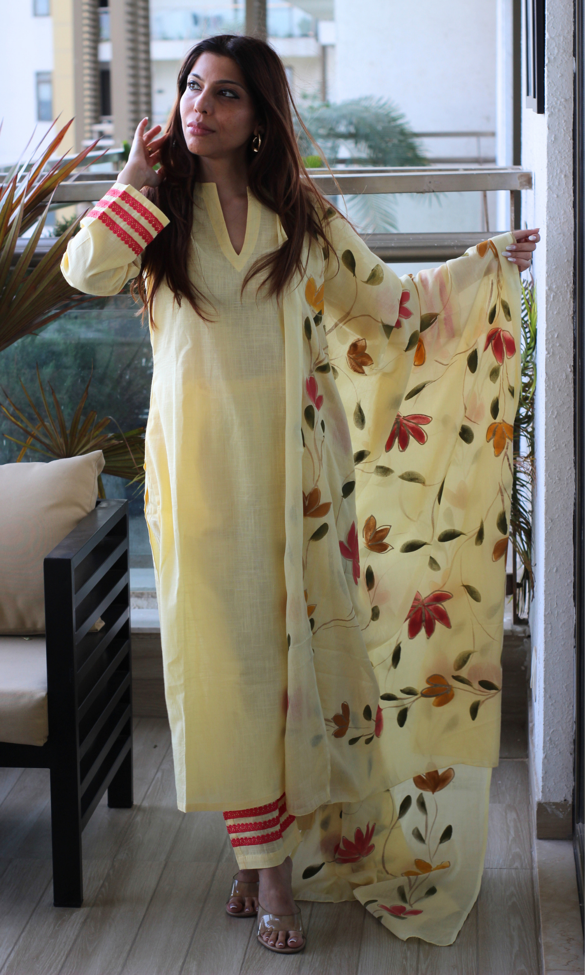 Pale Yellow Slub Kurta, Pant with Cotton Handpainted Dupatta