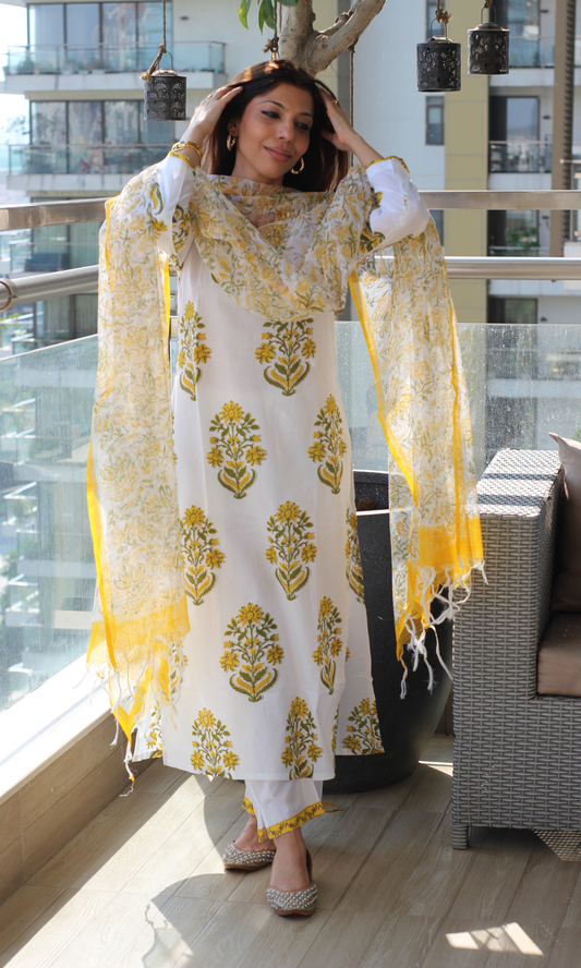 White & Yellow Handblock  Mughal Print Kurta , Kota Doria Dupatta & Cotton Pants
