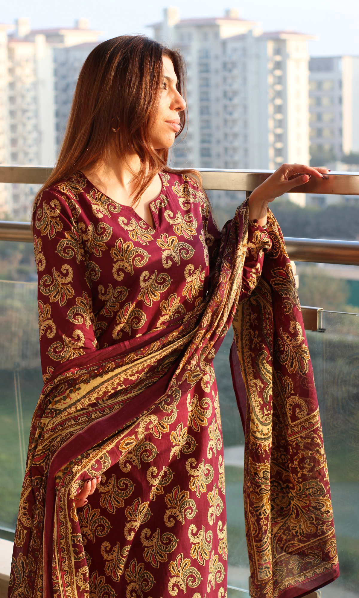 Burgundy Kashni Gul Printed Cotton Kurta, Dupatta & Afghani Style Pant