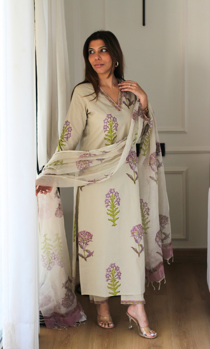 Saira Lavender & Green Mughal Kurta, Pants & Kota Doria Handblock Dupatta