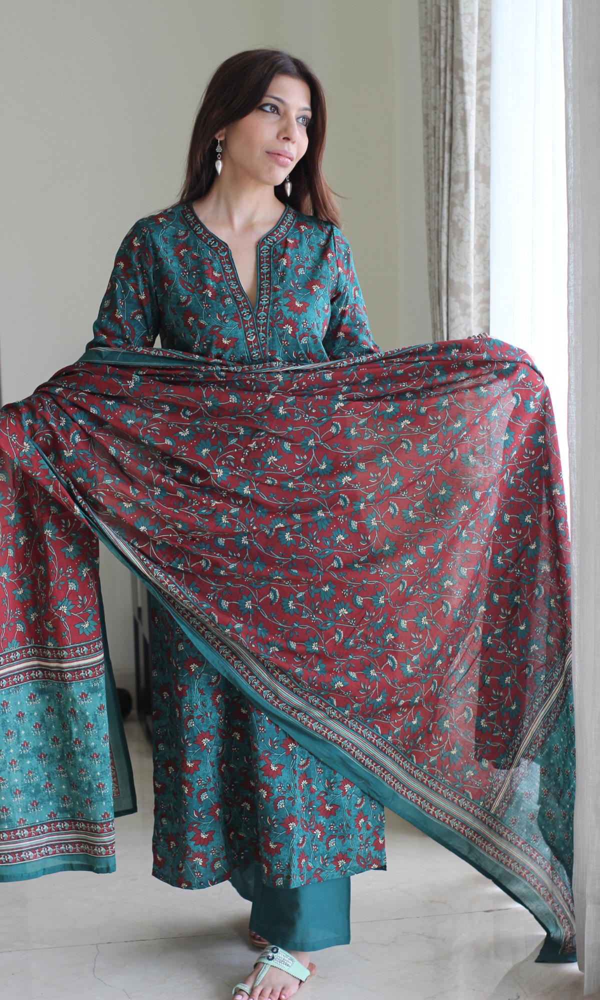 Firdaus Green & Red Block Printed Kurta , Dupatta & Cotton Pants