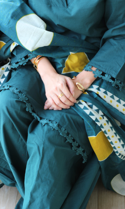 Teal Zohra Kurta , Farshi Salwaar & Printed Dupatta