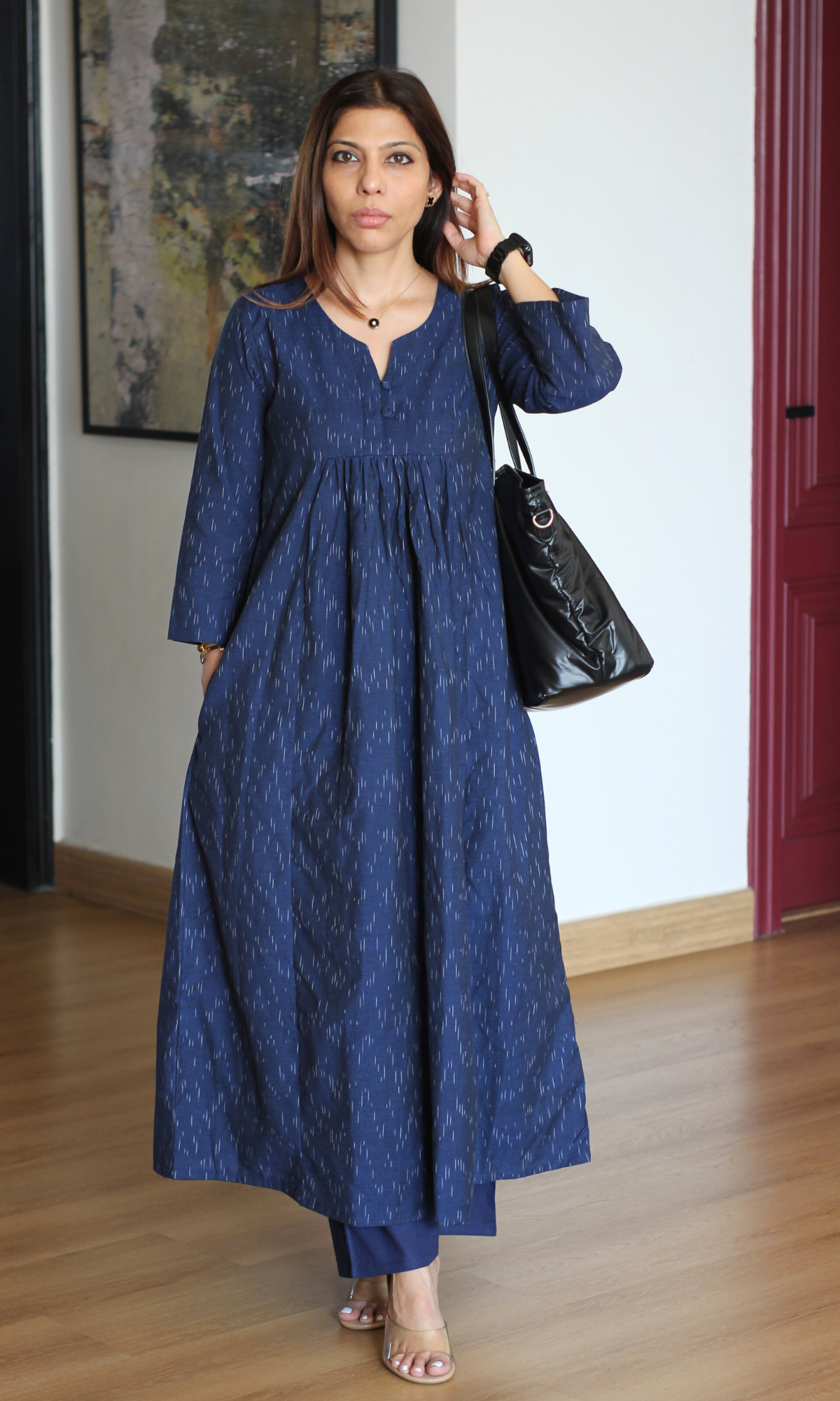 Navy Handloom Cotton Pleated Kurta with Cotton Pants