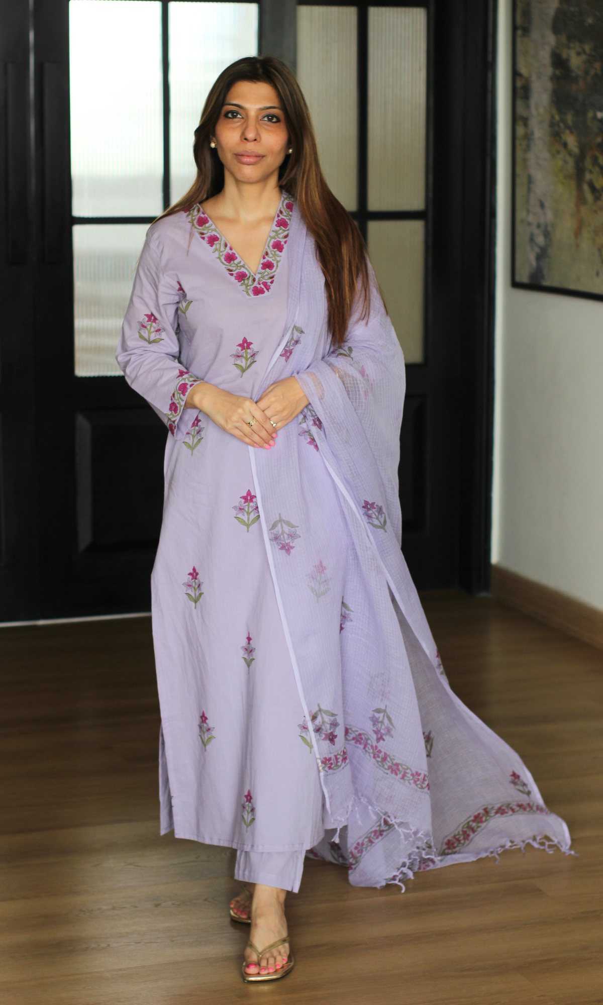 Kahani Mughal Lavender Cotton Kurta, Pant & Kota Doria Handblock Print Dupatta