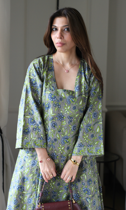 Olive Ash Vine Handblock Print High Low Kurta & Cotton Pants