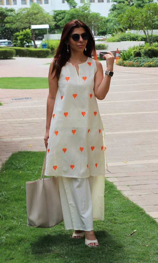 Cotton Ivory Tangerine Heart  Embroidered Co-ord