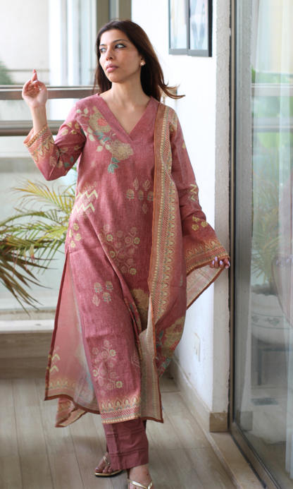 Rosewood Mauve Linen Blend Printed Kurta, Dupatta & Cotton Pants