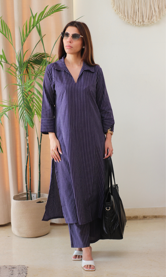Purple Cotton Ikat Striped Kurta & Pants
