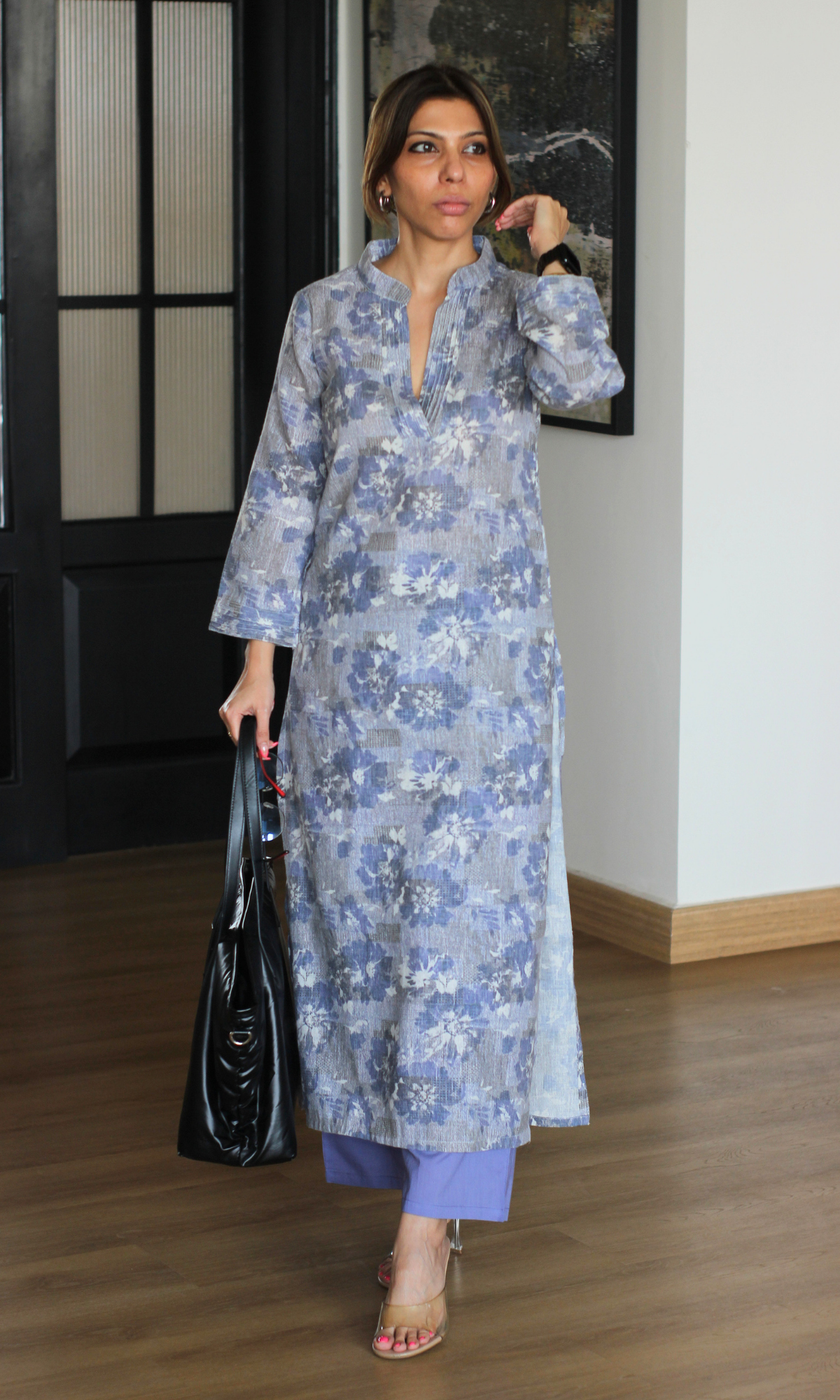 Linen Blend Iris Abstract Flower Kurta with Cotton Pants