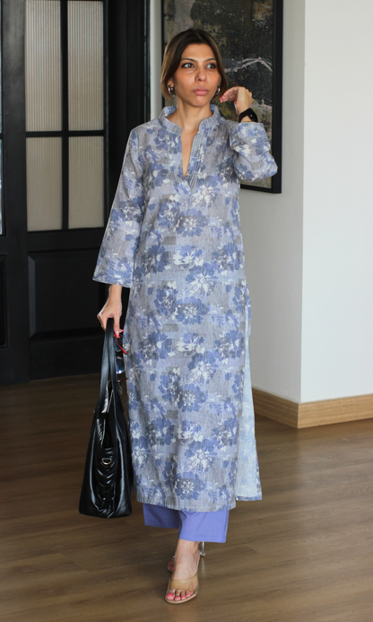 Linen Blend Iris Abstract Flower Kurta with Cotton Pants