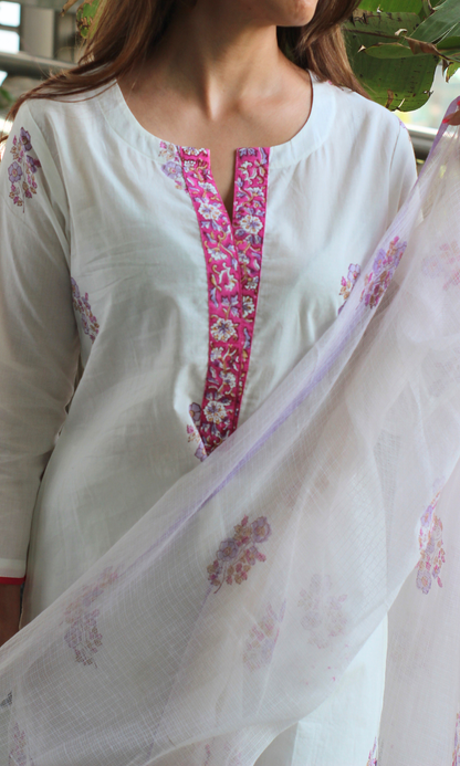 Leela Ivory Mughal Print Kurta, Pant & Kota Doria Handblock Print Dupatta