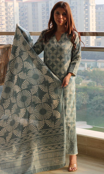 Sagewood Linen Woven Lurex Printed Kurta, Dupatta & Cotton Pants