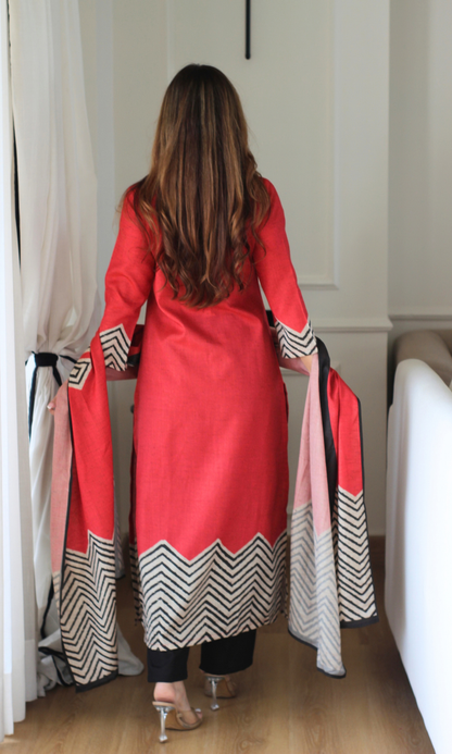 Cotton Silk Blend Red & Black Printed Kurta, Dupatta & Cotton Pants