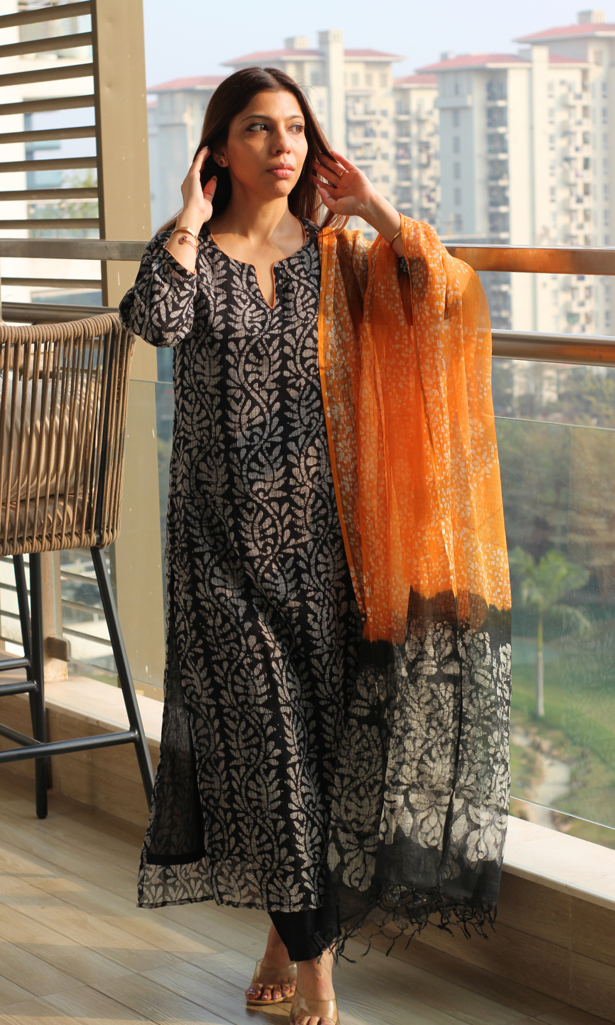 Kota Doria Black Batik Handblock Print Kurta, Dupatta & Cotton Pants