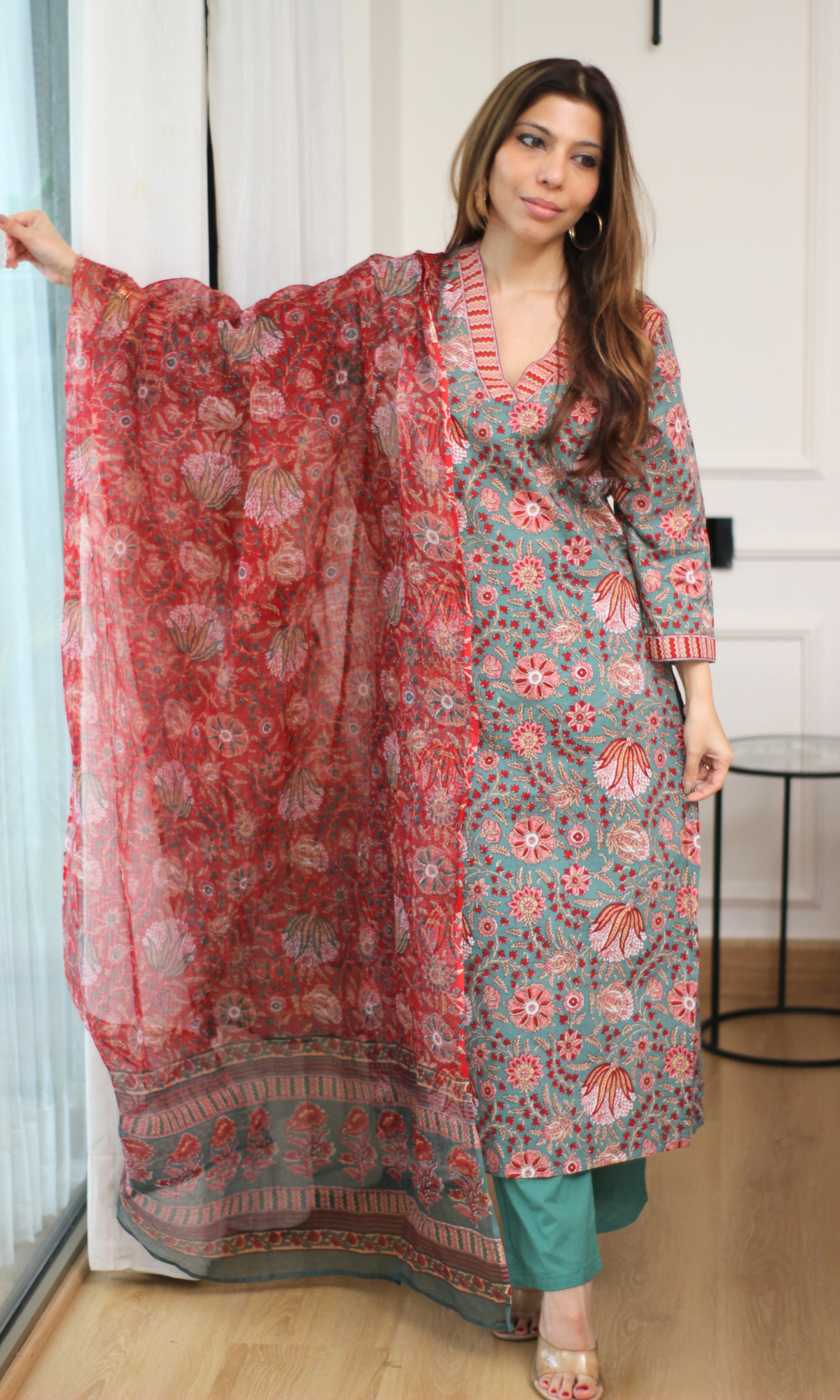 Roz Meher Block Print Kurta, Cotton Pants & Kota Doria Block Print Dupatta