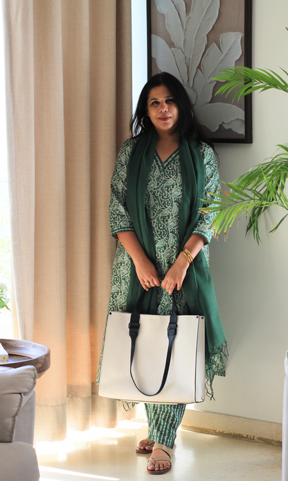 Earthy Green Dabu Printed Kurta , Pant & Kota Doria Dupatta