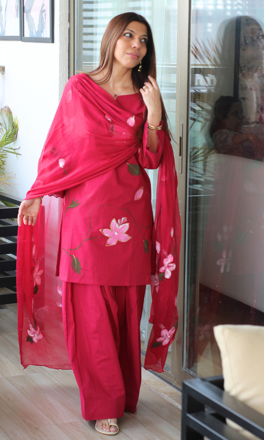 Cotton Mulberry Handbrush Painted Kurta, Chiffon Hand Painted Dupatta & Farshi Salwar