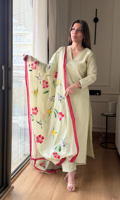 Lime Green Slub Black Laced Kurta, Pant & Mul Handpainted Dupatta