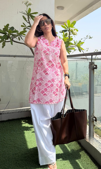 Cotton Pink Petal Sleeveless Kurta & Farshi Salwaar