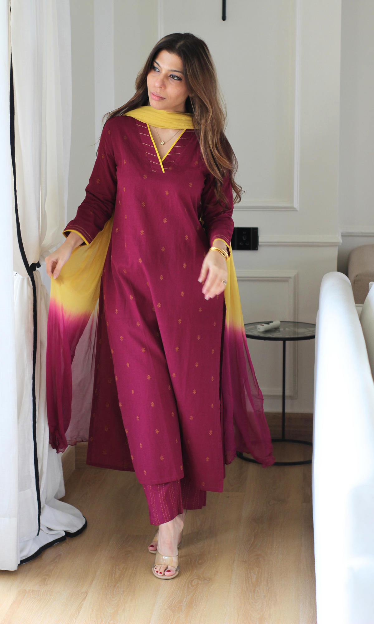 Plum Handloom Cotton Dobby Kurta, Pant & Chiffon Ombre Dupatta