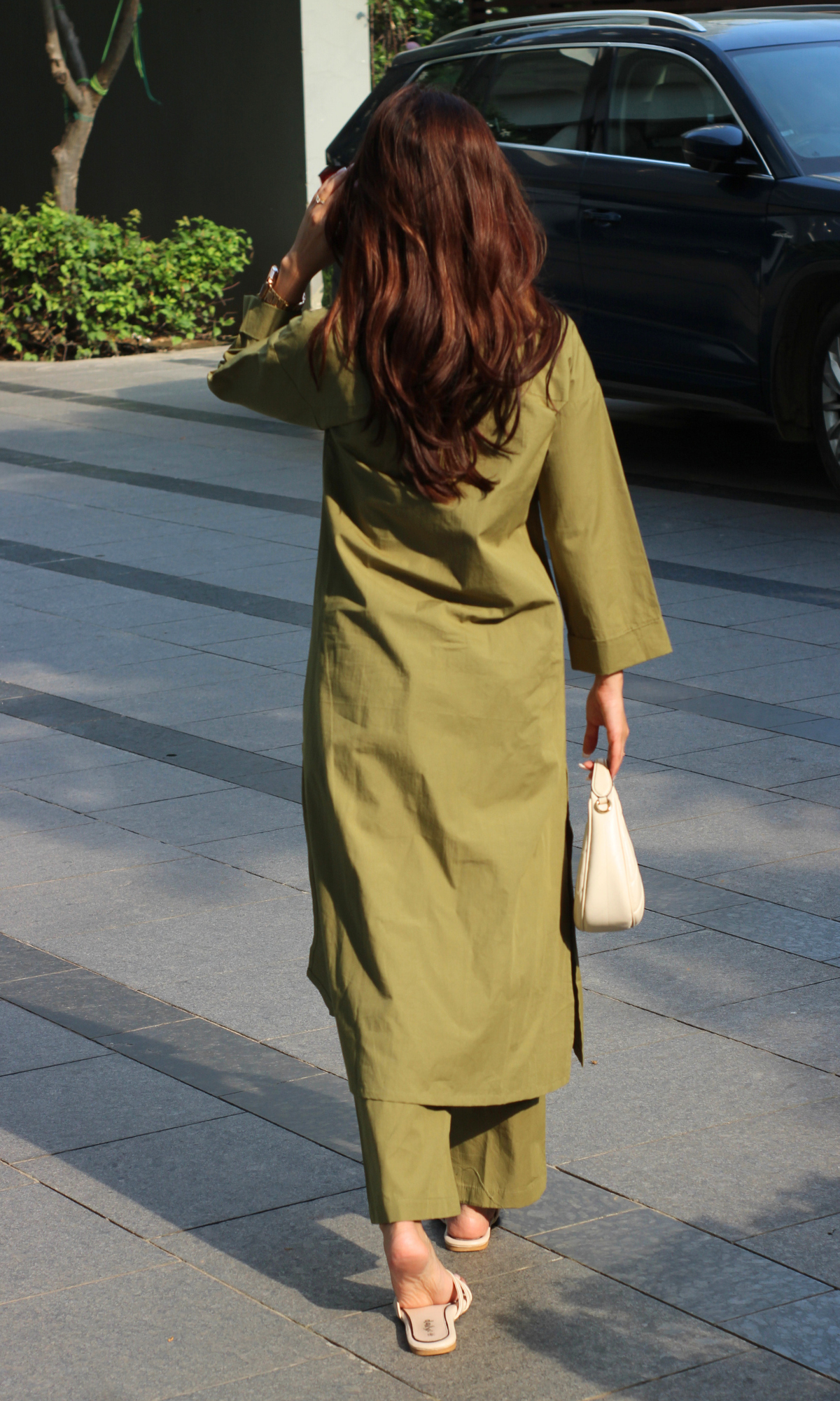 Olive Poplin Shirt Style Long Kurta & Pant