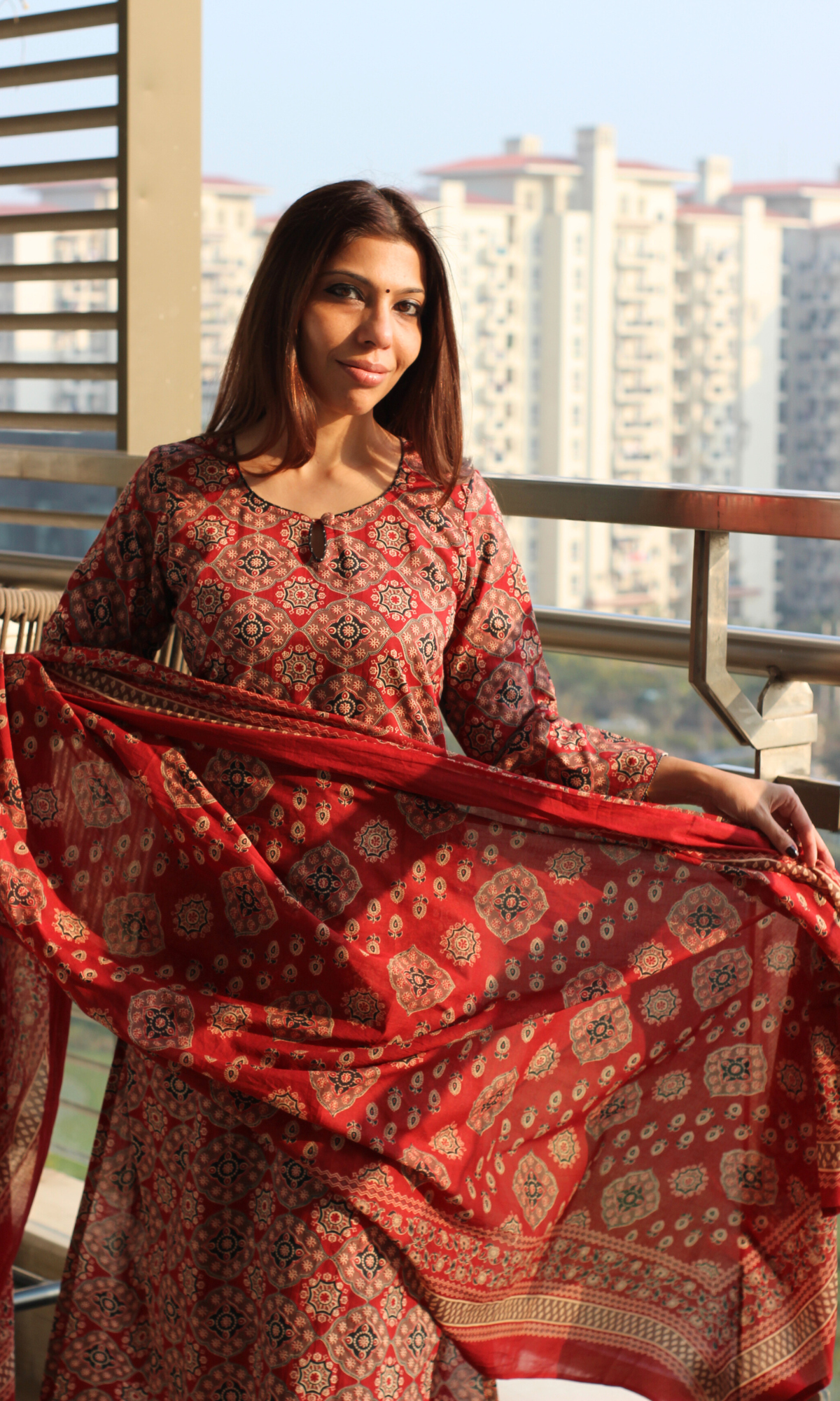 Red & Black Cotton Ajrakh Print Kurta, Dupatta & Pants