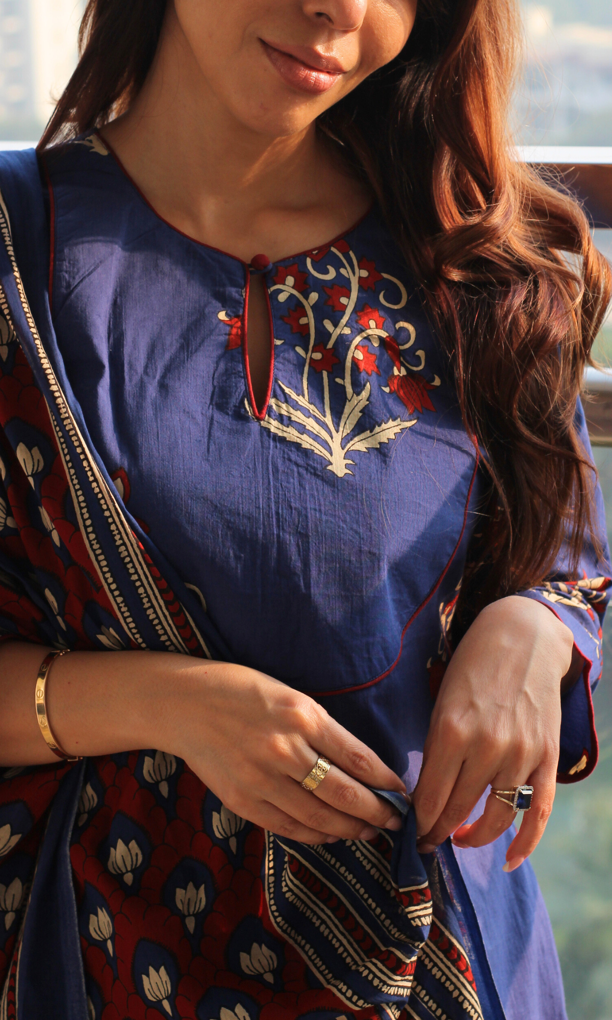 Cotton Neelam Gul Mughal Print Kurta, Contrast Printed Dupatta & Pants