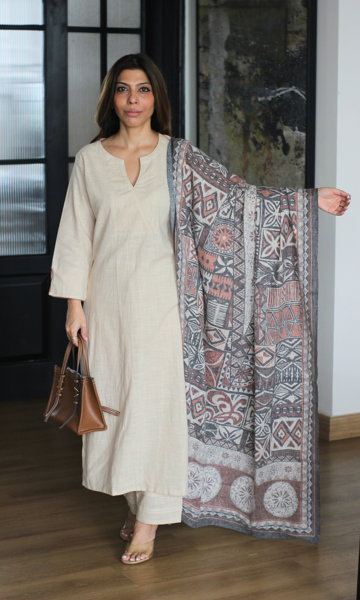 Saaz Beige Slub Kurta, Pants with Pintex, Printed Dupatta