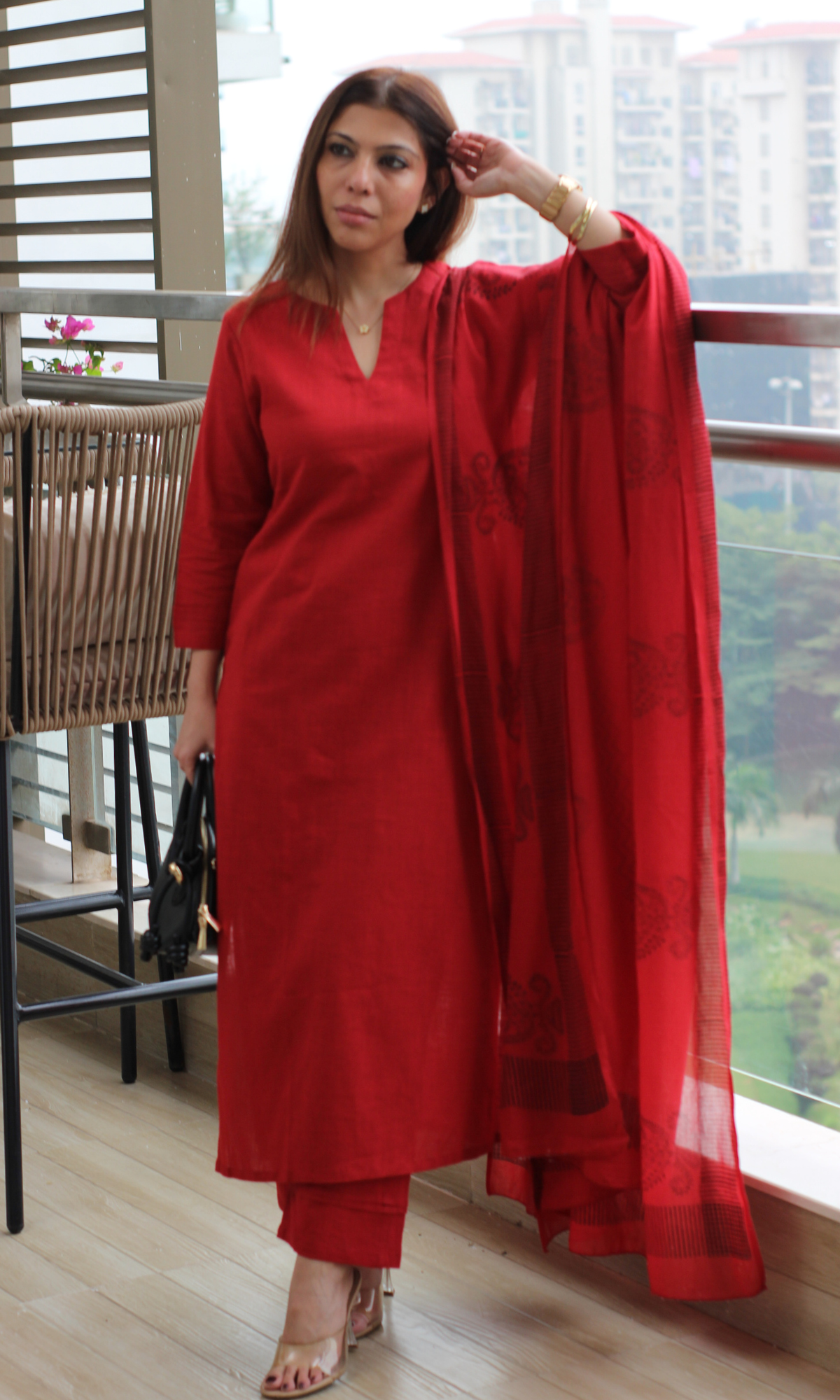 Cotton Slub Rose Red Suit with Mul Line Wave Dupatta