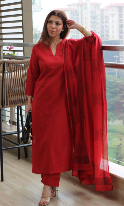 Cotton Slub Rose Red Suit with Mul Line Wave Dupatta