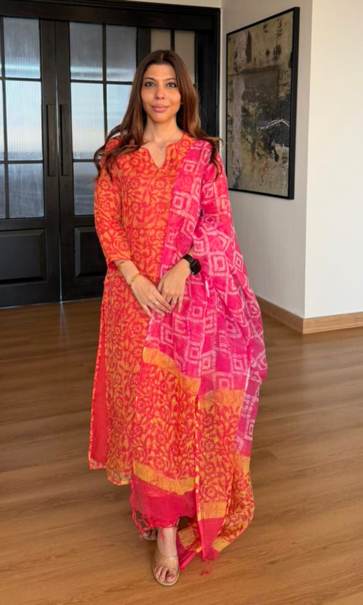 Kota Doria Carrot Red & Yellow Batik Print Kurta, Kota Dupatta & Cotton Pants