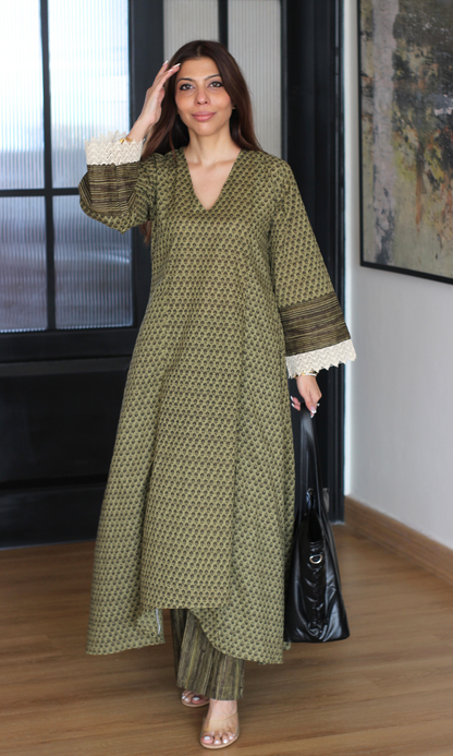 Cotton Olive Khaki Ajrakh Print High Low Kurta & Palazzo