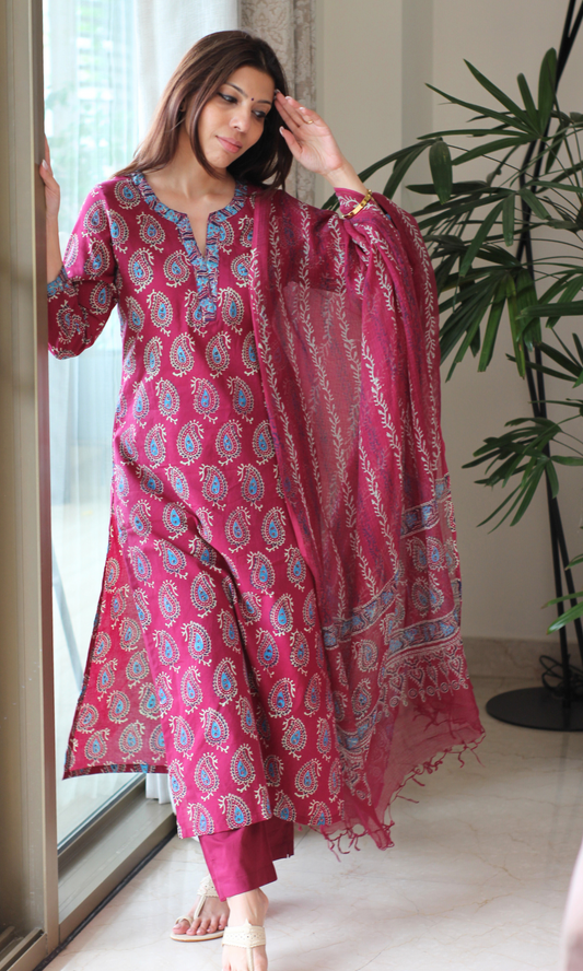 Berry & Blue Badmeri Prin Kurta, Kota Doria Dupatta & Cotton Pants