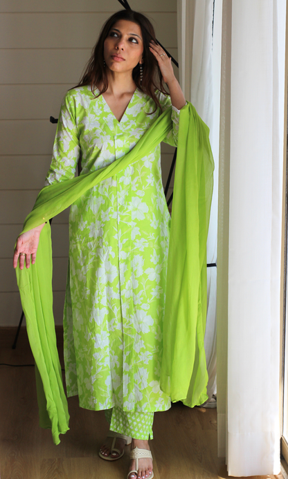 Cotton Lawn Green Botanica Printed Suit with Chiffon Dupatta