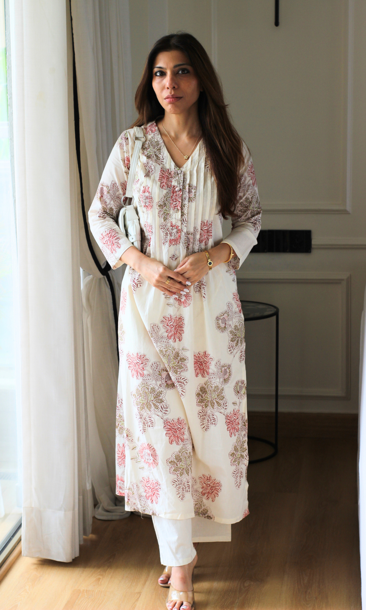 Off-white Dotted Floral Kurta & Cotton Pants