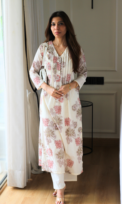 Off-white Dotted Floral Kurta & Cotton Pants