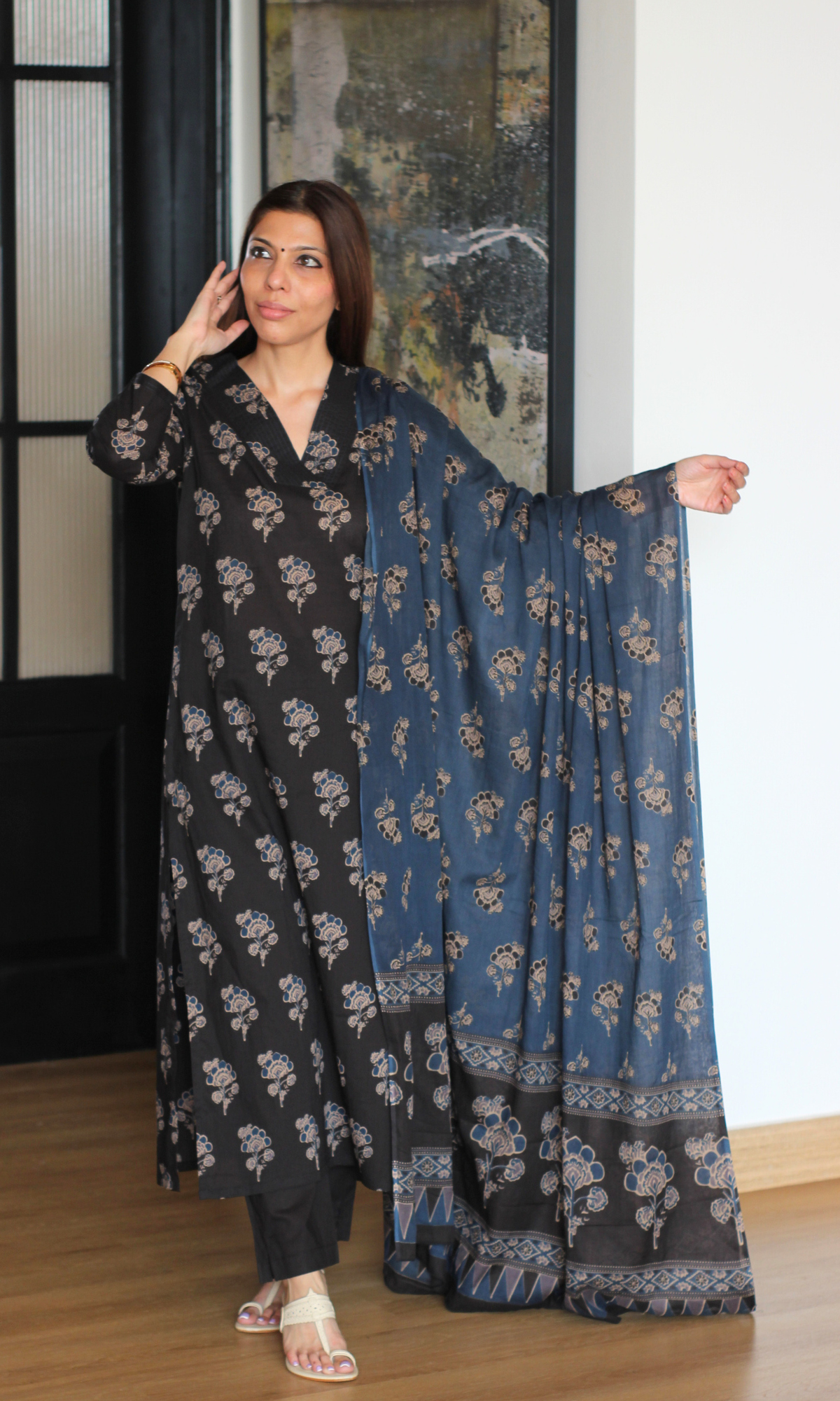 Black & Blue Ajrakh Rani Kurta, Dupatta & Cotton Pants