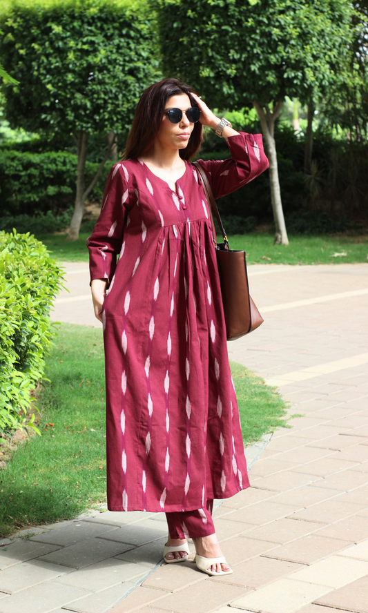 Cotton Wine Ikkat Pleated Co-ord