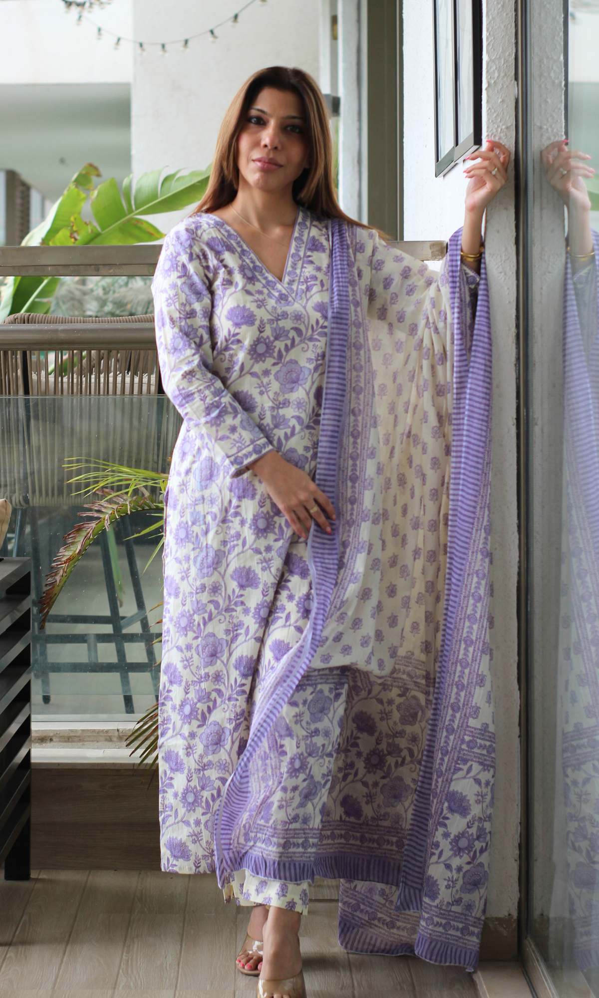 Lavender Garden Block Print Cotton Kurta, Pant and Mul Printed Dupatta