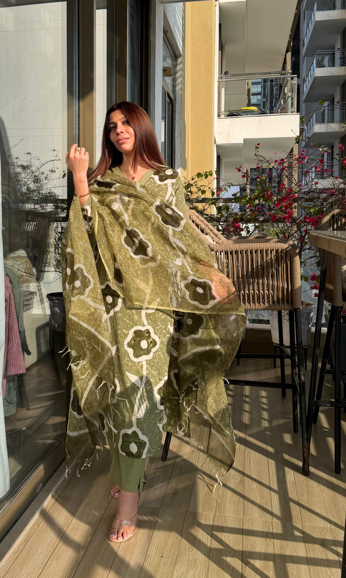 Cotton Olive Shibori Print Kurta & Pants with Kota Doria Printed Dupatta